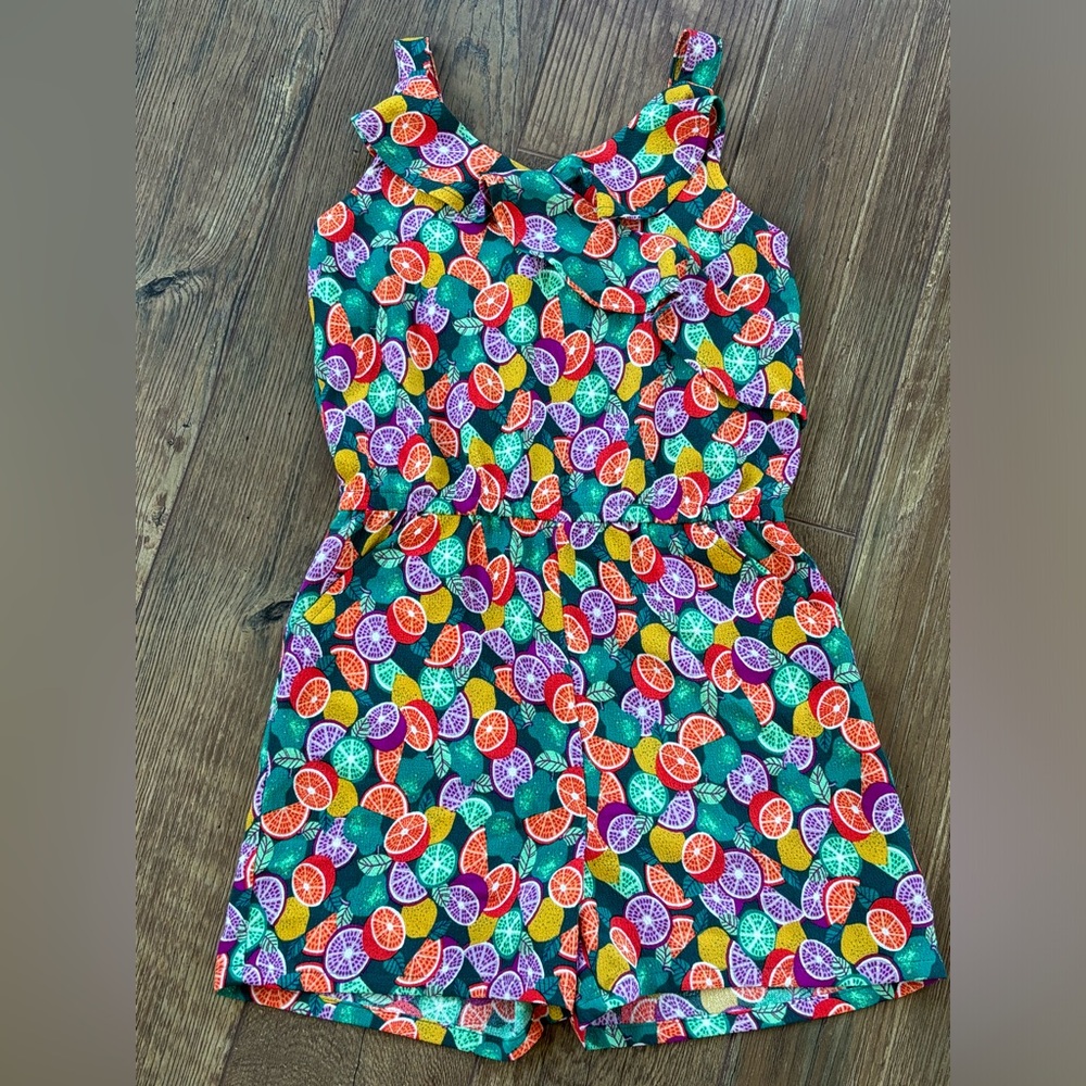 Big girls’ Short Romper with Tropical Fruit Print, size Large (10/12), NWOT